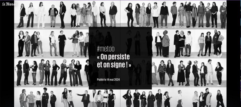 Fresque en noire et blanc composée de photos d'une centaine de personnes parlant, souriant, se regardant sur plusieurs lignes avec un encadré noir et le texte suivant "#MeToo on persiste et on signe"